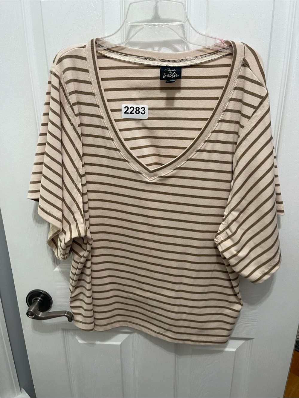 Casual V-Neck Striped Blouse in Beige and Light Brown by Trellis